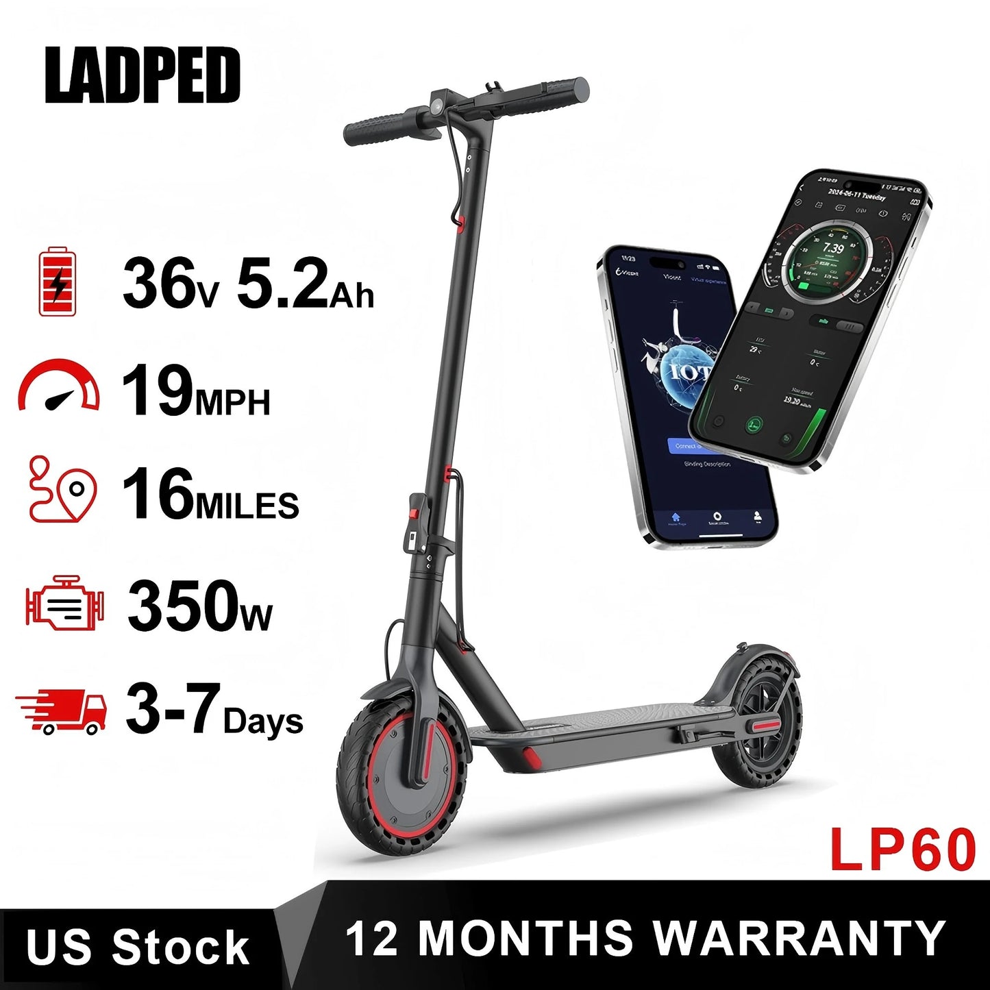 Ladped LP60 Electric Scooter 350W Folding 16Mile Range For Adult