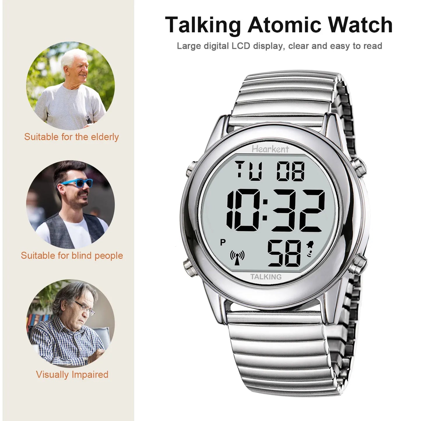 Hearkent Atomic Talking Watch for Blind Elderly Men's Clock Watch with Alarm Radio Controlled Wristwatch English/Spanish/German