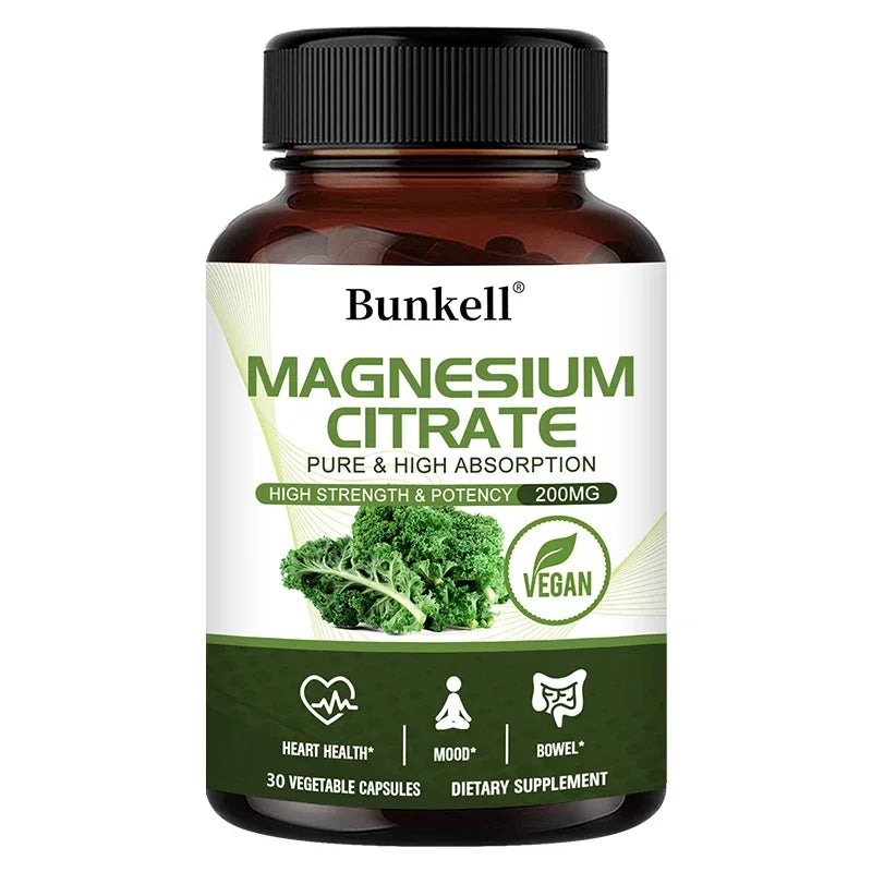 Magnesium Citrate Capsules 200 Mg - Maximum Absorption for Muscle, Nerve, Bone and Heart Health Gluten Free, Non-GMO