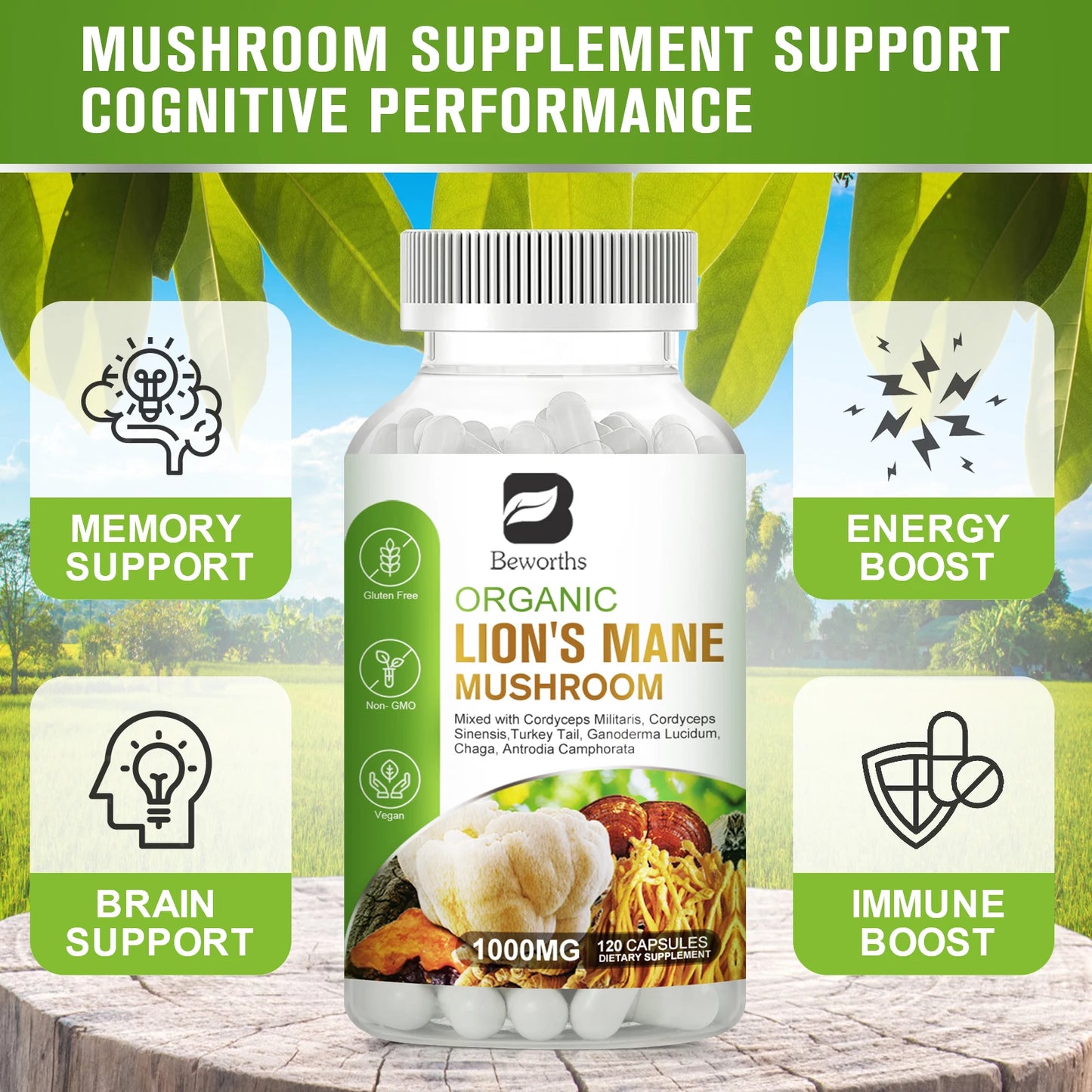 Beworths Lion's Mane Cordyceps Sinensis Mushroom Capsule For Memory Cognition