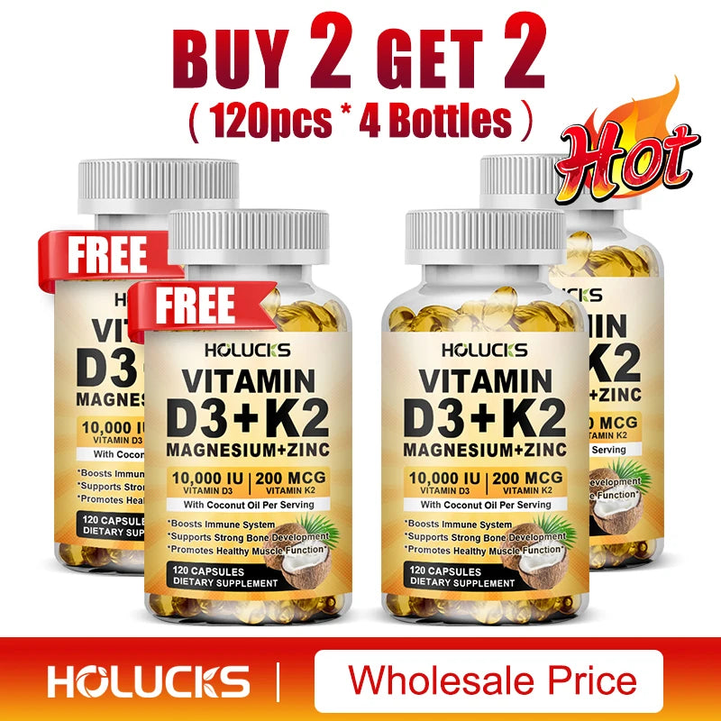 Vitamin D3 K2 Magnesium Zinc Complex, with Coconut Oil Support Nerve, Muscle, Heart, Bone and Dental Health, for Immune System