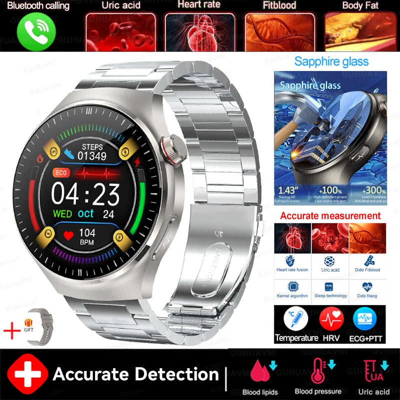 2025 New GUHUAVMI Accurate Blood Lipid Uric Acid Smart Watch Men Women ECG+PPG Blood pressure Bluetooth call Health Smartwatches