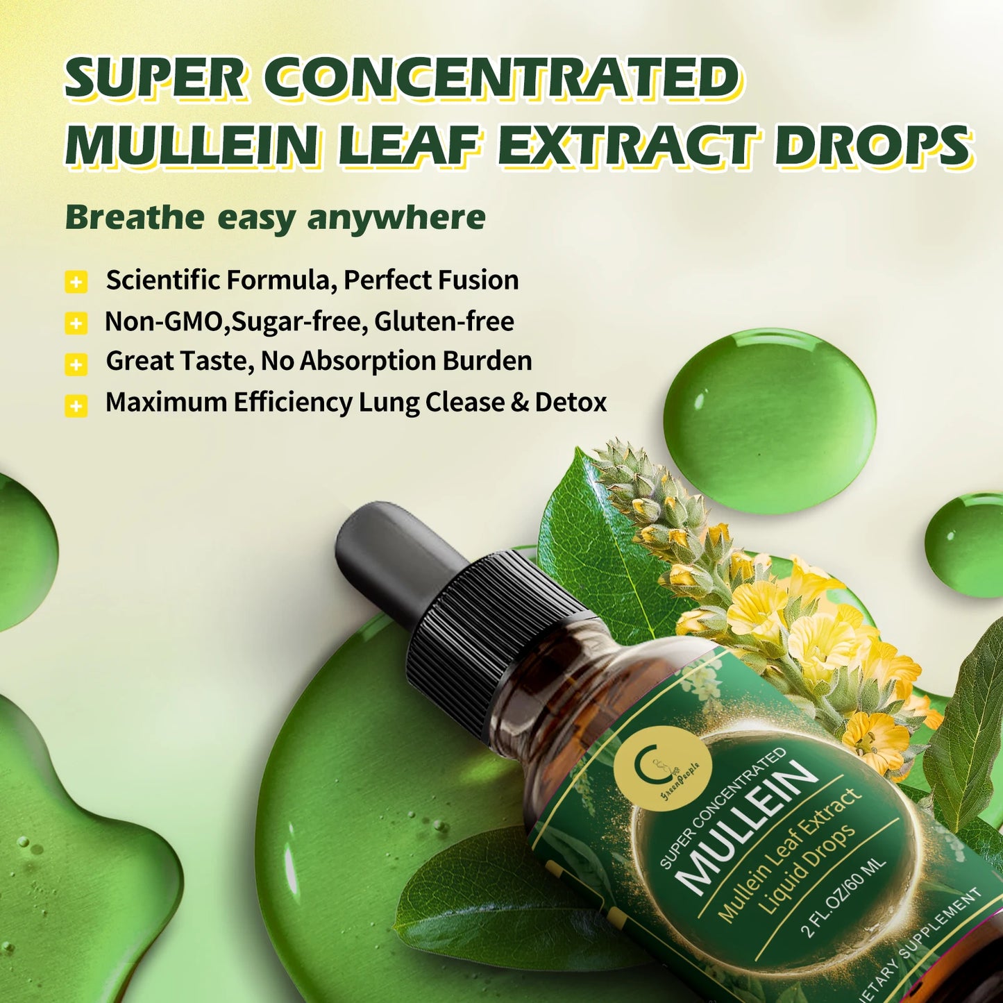 GPGP Greenpeople 60ML Mullein Drops for Lungs Health ,Lung Detox & Cleanse, Support for Respiratory, Immune, Digestive System