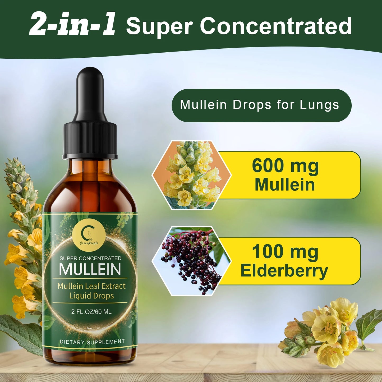 GPGP Greenpeople 60ML Mullein Drops for Lungs Health ,Lung Detox & Cleanse, Support for Respiratory, Immune, Digestive System