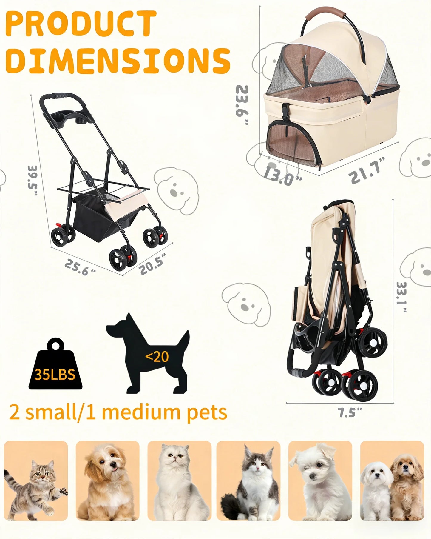 Cabusatly 2in1 Pet Stroller For Small Dogs And Cats