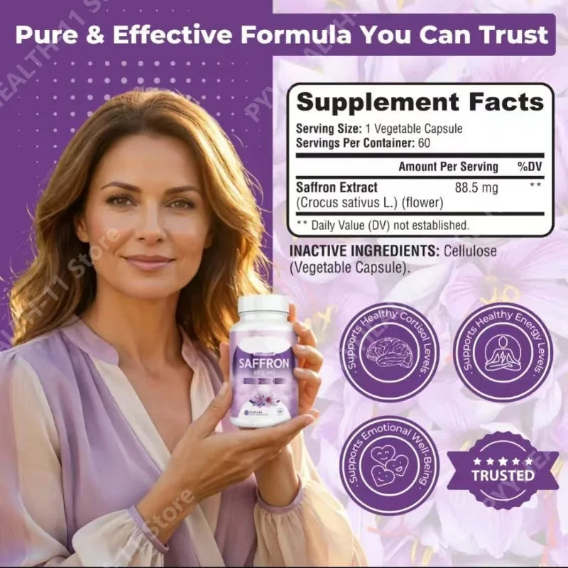 100% Saffron Capsules 88.5mg Crocus Sativus L Flower Extract with Crocin Safranal Natural Plant Extract Daily Health Supplement