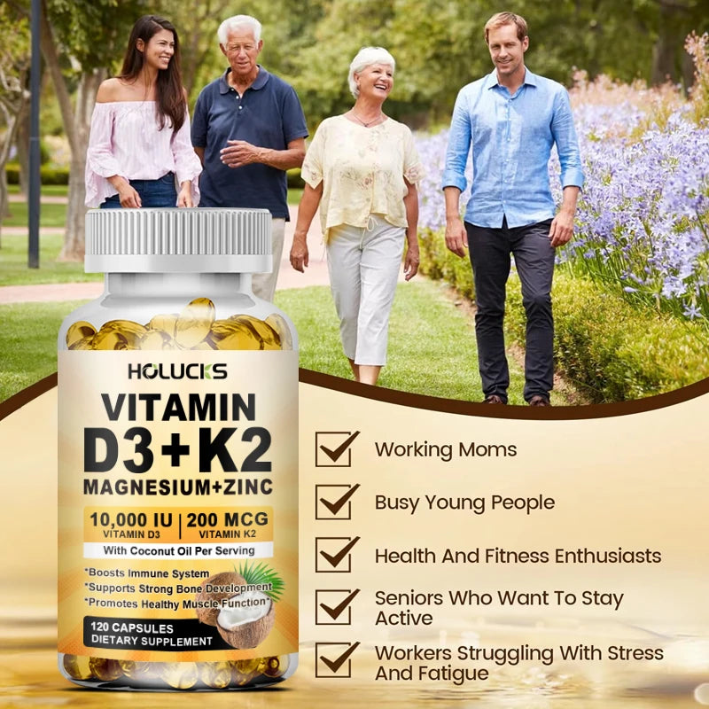 Vitamin D3 K2 Magnesium Zinc Complex, with Coconut Oil Support Nerve, Muscle, Heart, Bone and Dental Health, for Immune System
