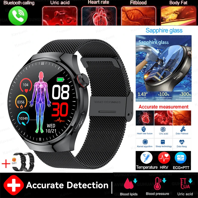 2025 New GUHUAVMI Accurate Blood Lipid Uric Acid Smart Watch Men Women ECG+PPG Blood pressure Bluetooth call Health Smartwatches