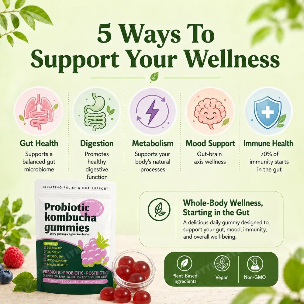 Probiotic Kombucha Gummies Every Gummy 1 Glass Kombucha Prebiotic Postbiotic Digestive Gut Health Vegan Berry Bliss 30 Gummies