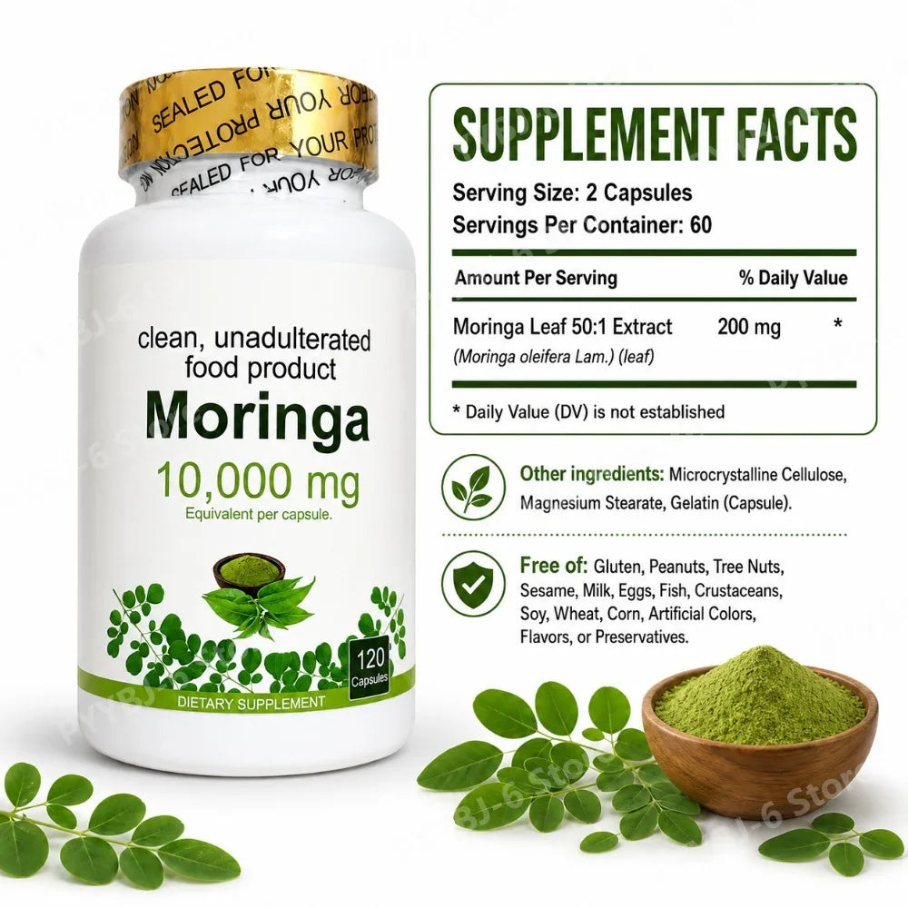 Moringa Capsules120 Count High Potency Moringa Leaf Extract Supplement Supports Energy Vitality Antioxidant & Immune Health