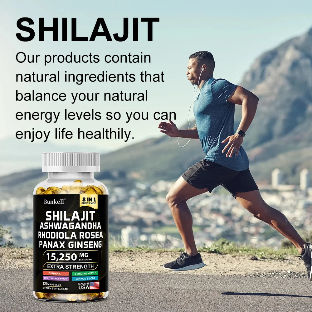 15250mg Shilajit Capsules 8-in-1 with Ashwagandha Ginseng Rhodiola Turmeric - Energy Brain Muscle Joint Health Immune Support