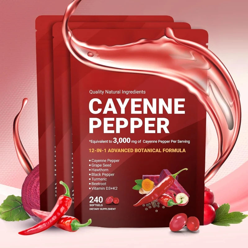 Cayenne Pepper Softgels Supplement with Grape Seed Beetroot Turmeric Vitamins D3 K2 Herbal Supports Leg Vein Blood Vessel Health