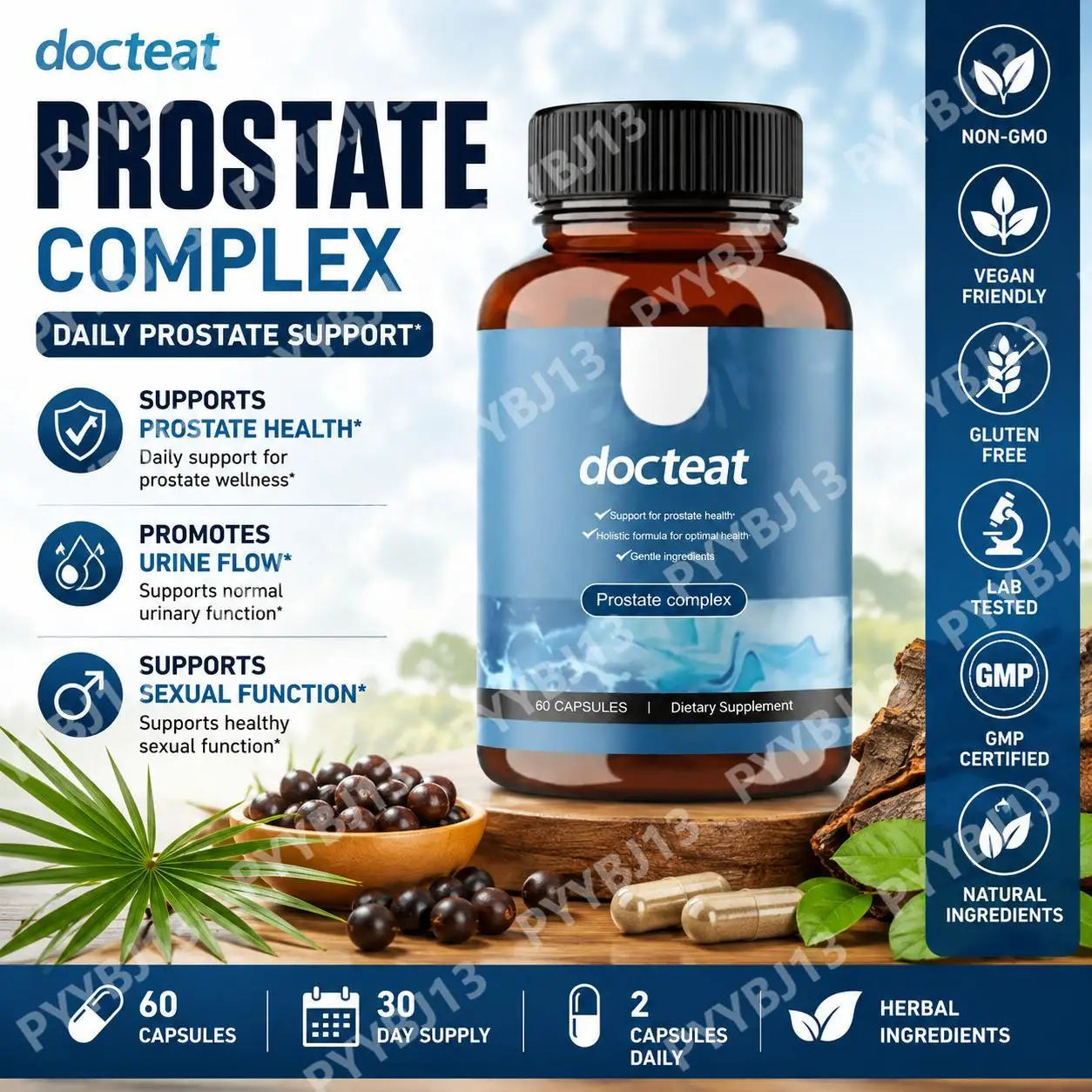 Docteat Prostate Complex Capsules Support Prostate Health and Urine Flow with Herbal Saw Palmetto and Pygeum, 60 Capsules