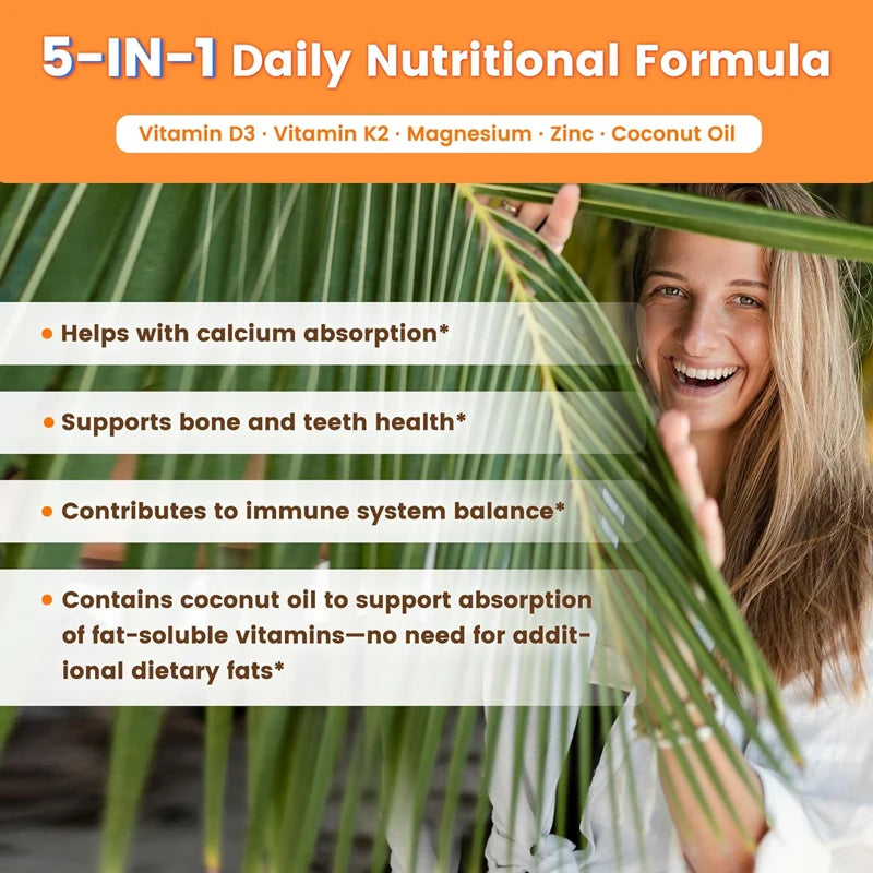 Vitamin D3 K2 Magnesium Zinc Complex, with Coconut Oil Support Nerve, Muscle, Heart, Bone and Dental Health, for Immune System