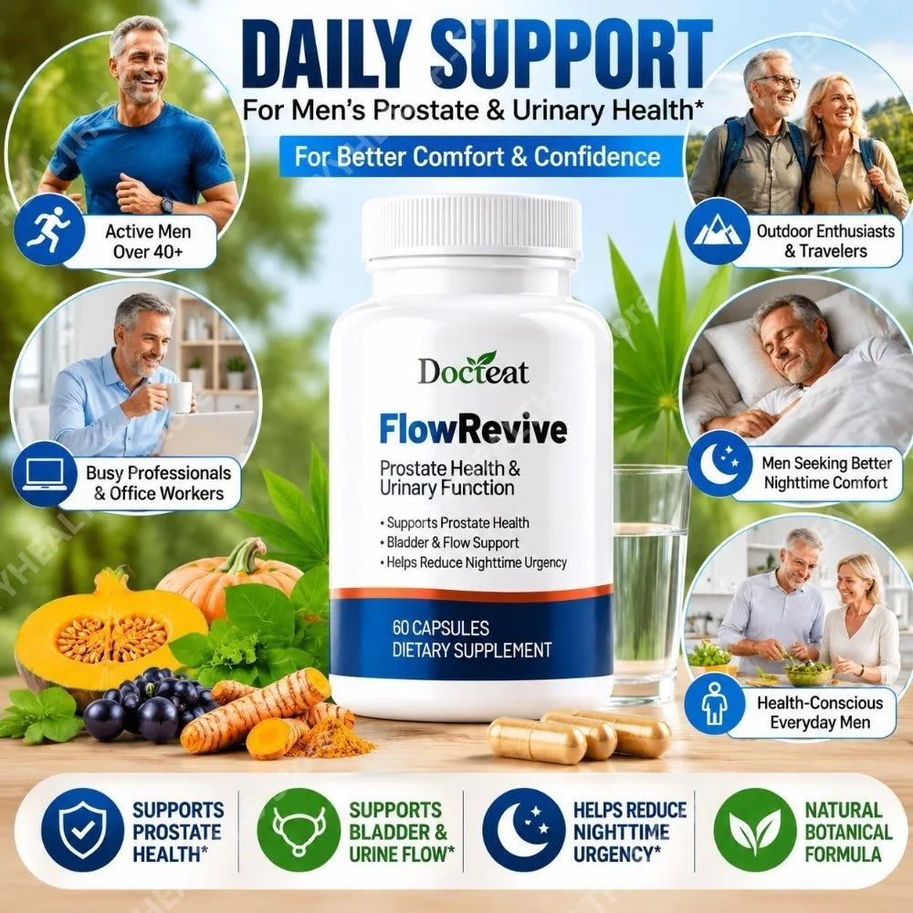 Docteat FlowRevive Prostate Health & Urinary Function Capsules Supports Prostate and Bladder Flow with Quercetin 60 Capsules