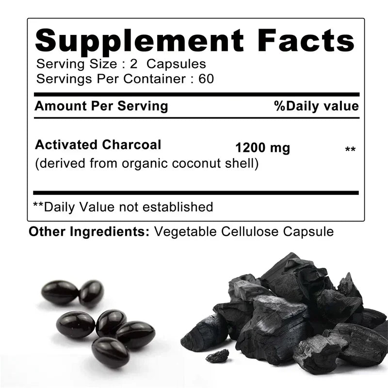 Activated Charcoal Capsules 1200 Mg - Supports Intestinal Health, Digestive Health, Relieves Bloating, and Improves Immunity