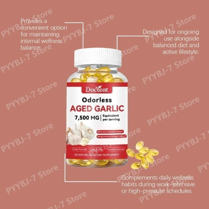 Odorless Aged Garlic Extract 7500mg 60 Softgels, Ajo Envejecido Supplement, Antioxidant & Immune Support, Daily Garlic Softgels