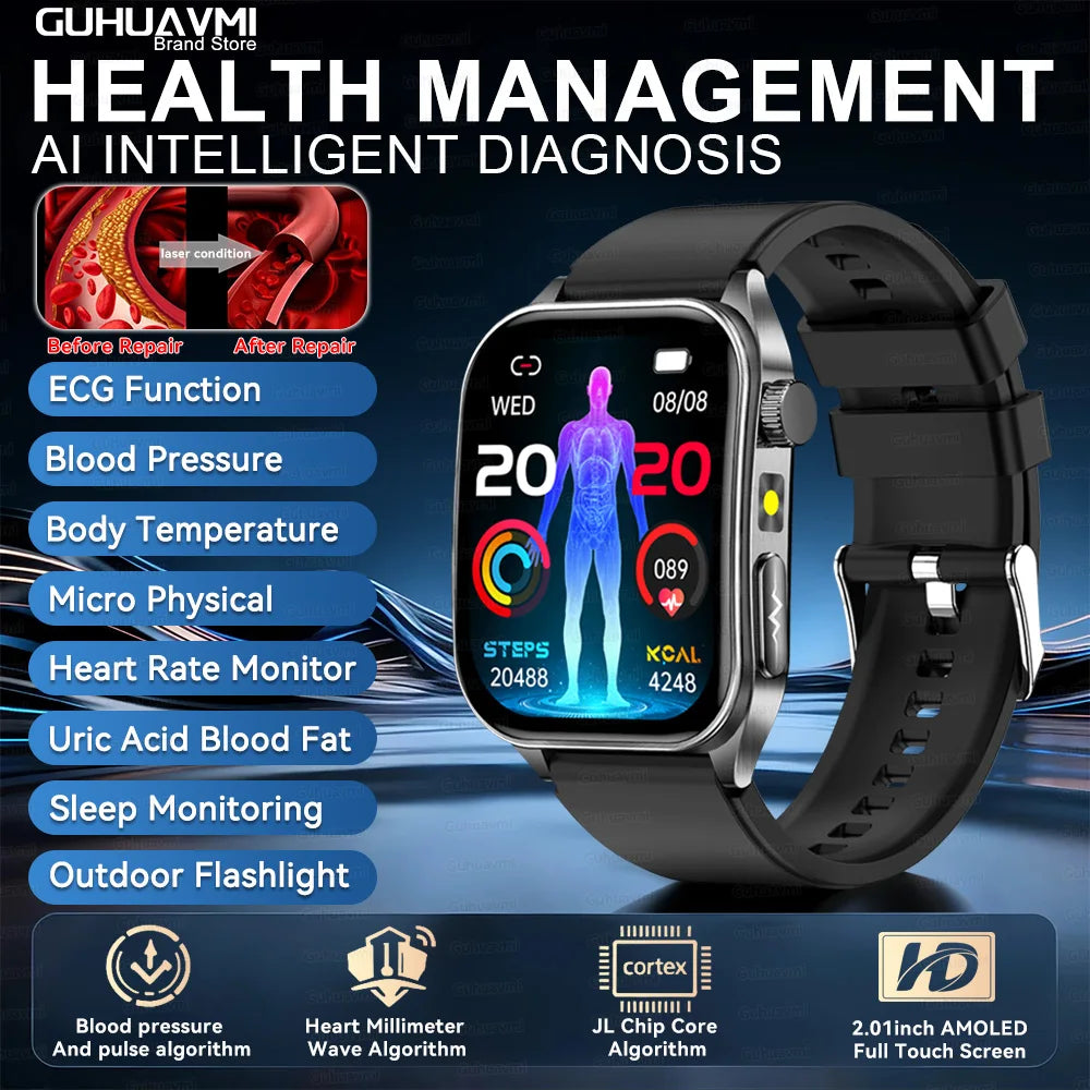 2026New ECG Monitoring Smart Watch 1.95-inch AMOLED Screen Dual-Probe Laser Health Bluetooth Call Waterproof Sports Smartwatches