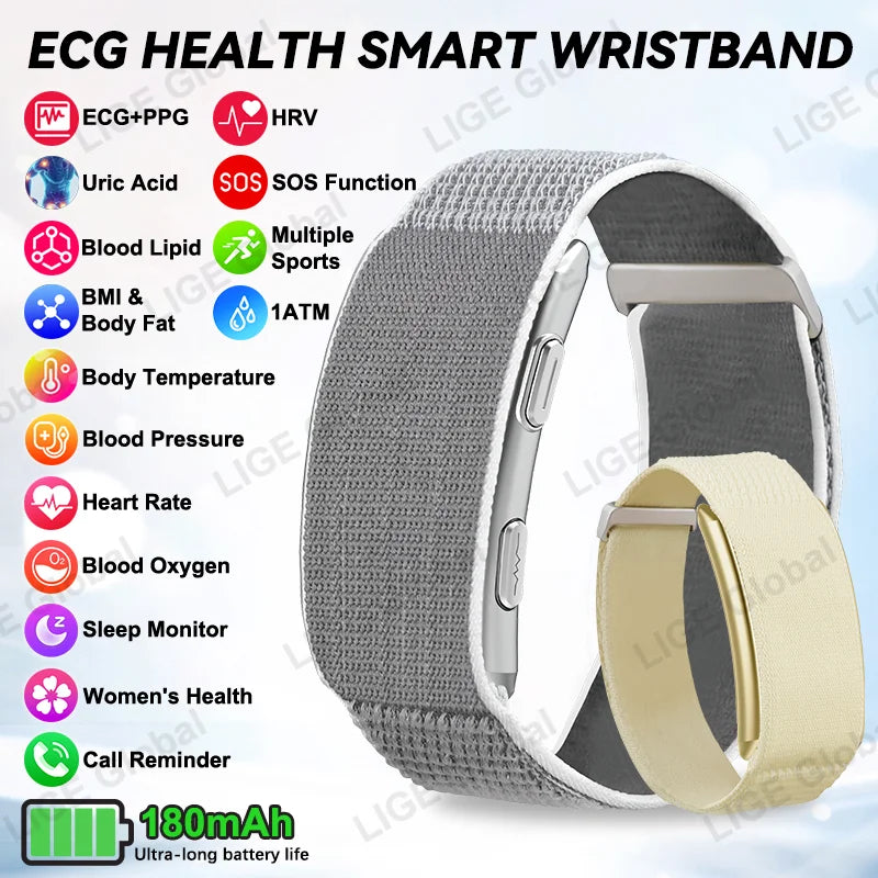 LIGE New ECG+PPG Health Smart Bracelet Uric Acid Blood Lipid Blood Oxygen Pressure Body Temperature Men Women Sports Smartwatch