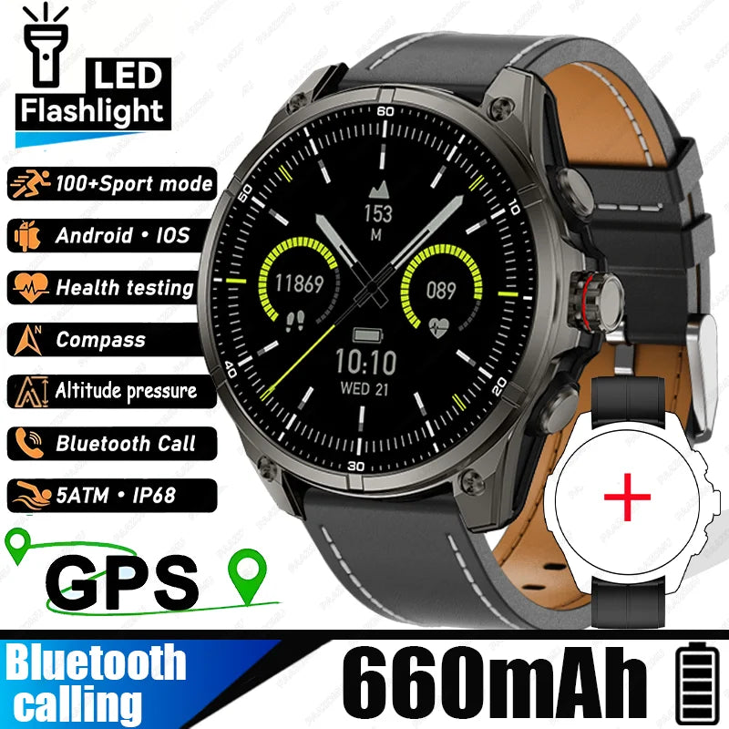 New Smart Watch GPS Sports Compass Altitude Air Pressure Blue Tooth Call 3ATM Waterproof Health AMOLED Screen Smartwatch 660 mAh