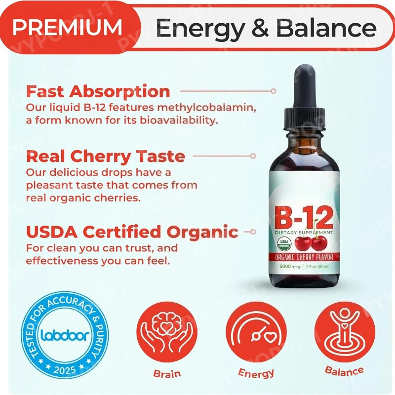 Vitamin B12 Liquid 5000mcg Drops Cherry Flavor Methylcobalamin Sublingual Drops Vegan Sugar Free Health Dietary Supplement 60ml