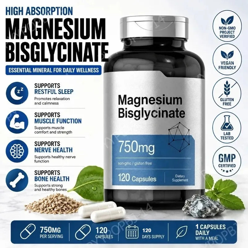 Magnesium Bisglycinate 750mg Capsules Supports Relaxation Muscle Comfort Bone Health 120 Capsules Non GMO Gluten Free