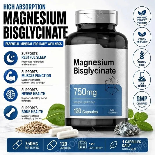 Magnesium Bisglycinate 750mg Capsules Supports Relaxation Muscle Comfort Bone Health 120 Capsules Non GMO Gluten Free