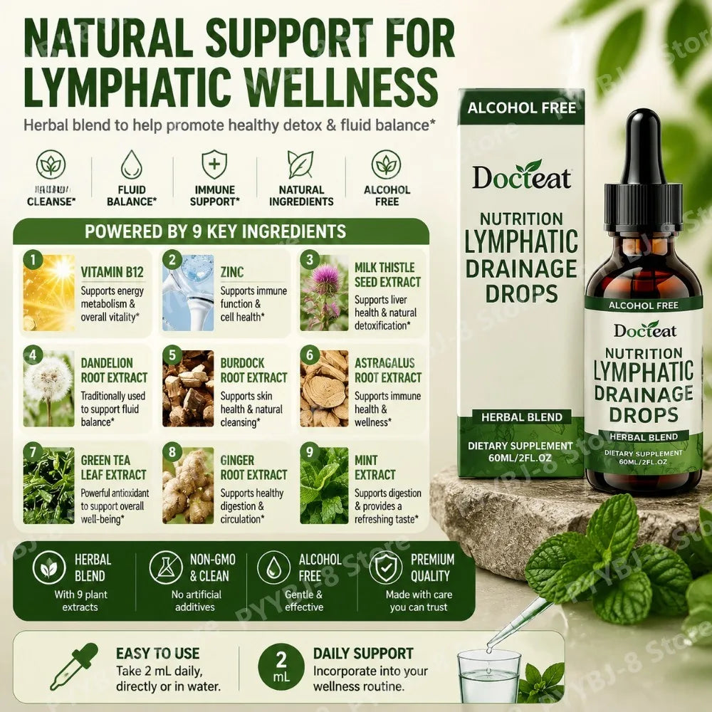 Lymphatic Drainage Drops 60ml Herbal Blend Supplement with Vitamin B12 Dandelion and Plantago Extract Support Lymphatic Health