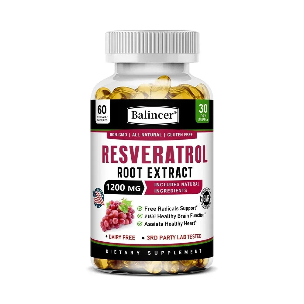 Resveratrol Root Extract Capsules - Antioxidant Anti-Aging, Brain & Heart Health, Skin Brightening & Immune Support, 120 Caps