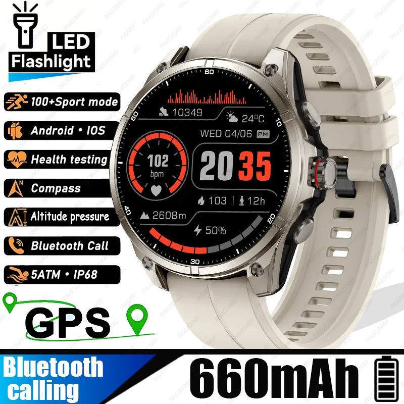 New Smart Watch GPS Sports Compass Altitude Air Pressure Blue Tooth Call 3ATM Waterproof Health AMOLED Screen Smartwatch 660 mAh