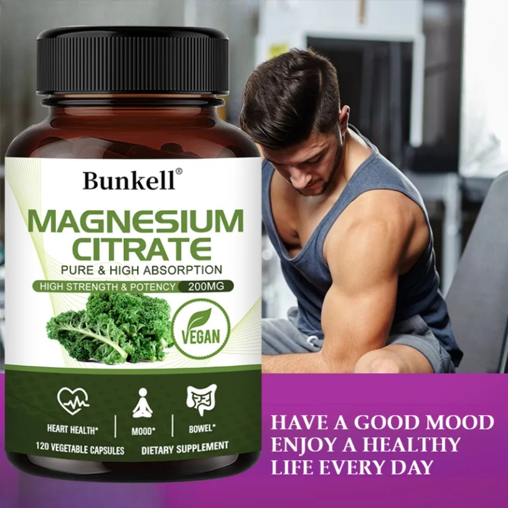 Magnesium Citrate Capsules 200 Mg - Maximum Absorption for Muscle, Nerve, Bone and Heart Health Gluten Free, Non-GMO