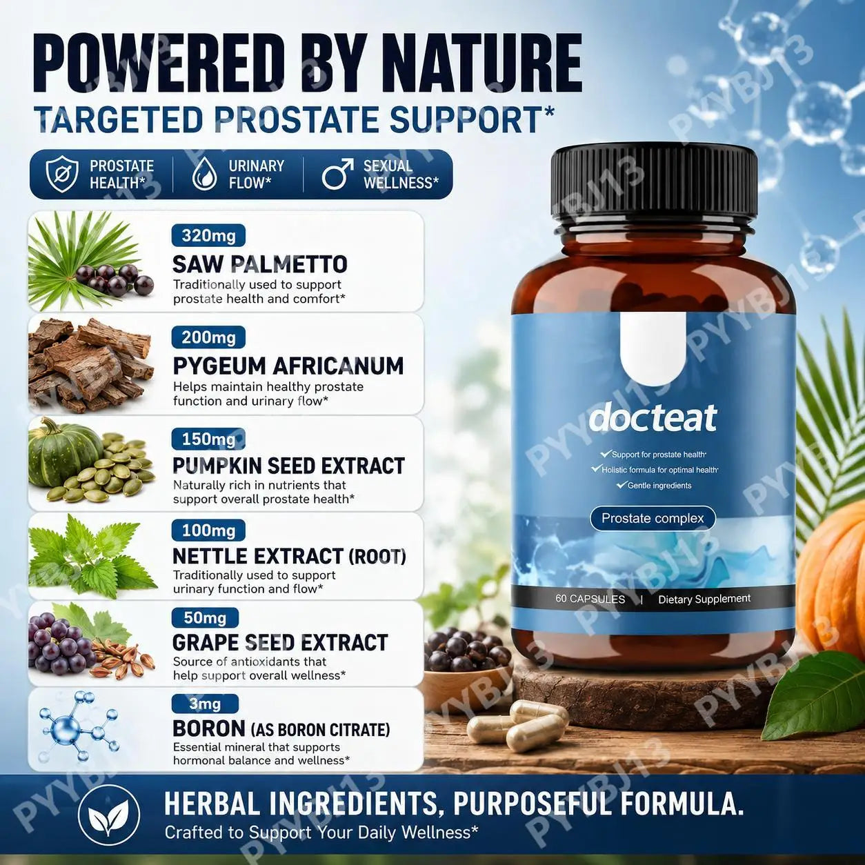 Docteat Prostate Complex Capsules Support Prostate Health and Urine Flow with Herbal Saw Palmetto and Pygeum, 60 Capsules
