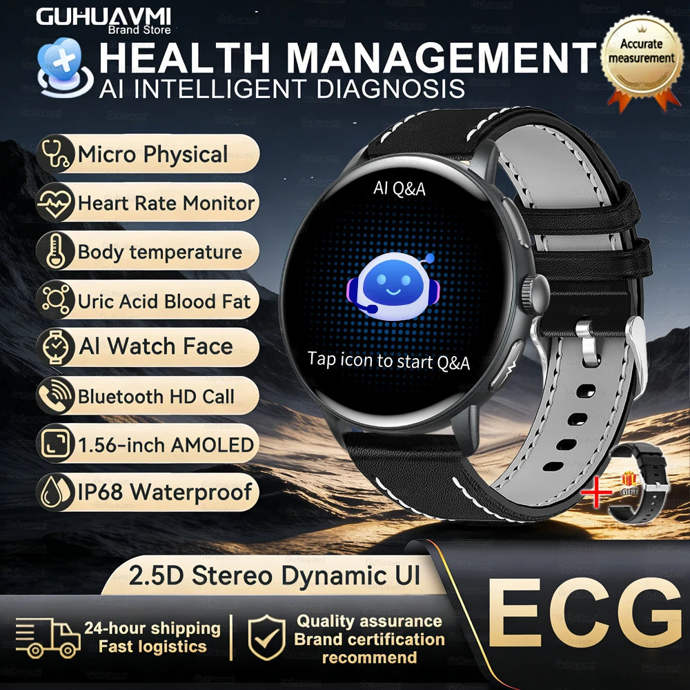 New AI-GPT Health Smart Watch AMOLED ECG Bluetooth Call Uric Acid Blood Lipids One-Click Micro Examination Men Women Smart Watch