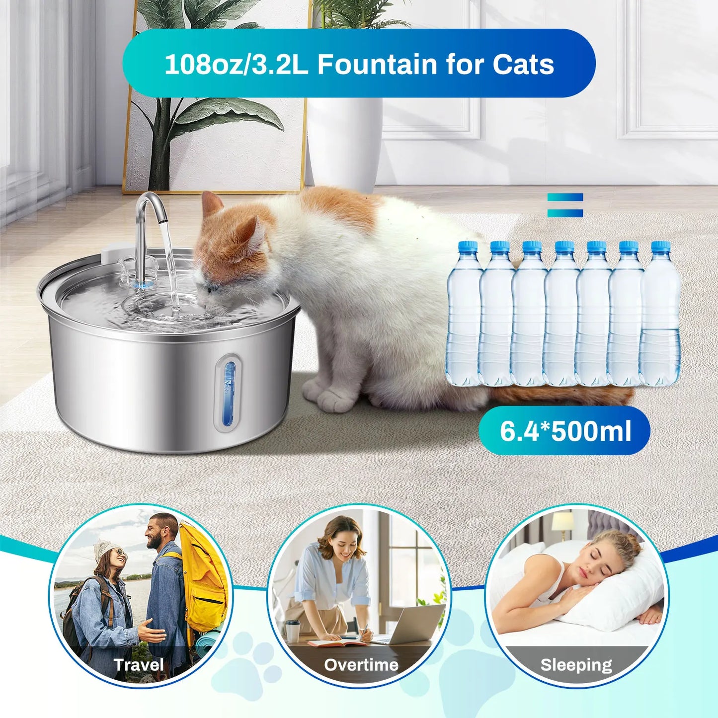 Cat Stainless Steel Water Fountain With Quiet Pump Filtration