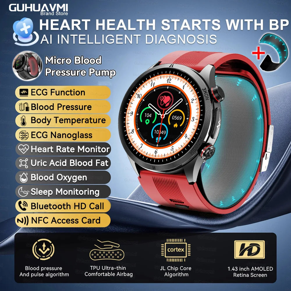 New Health Smart Watch Airbag Blood Pressure ECG+PPG AI Diagnosis Blood Lipid Uric Acid SOS Remote Care Smartwatch For Men Women