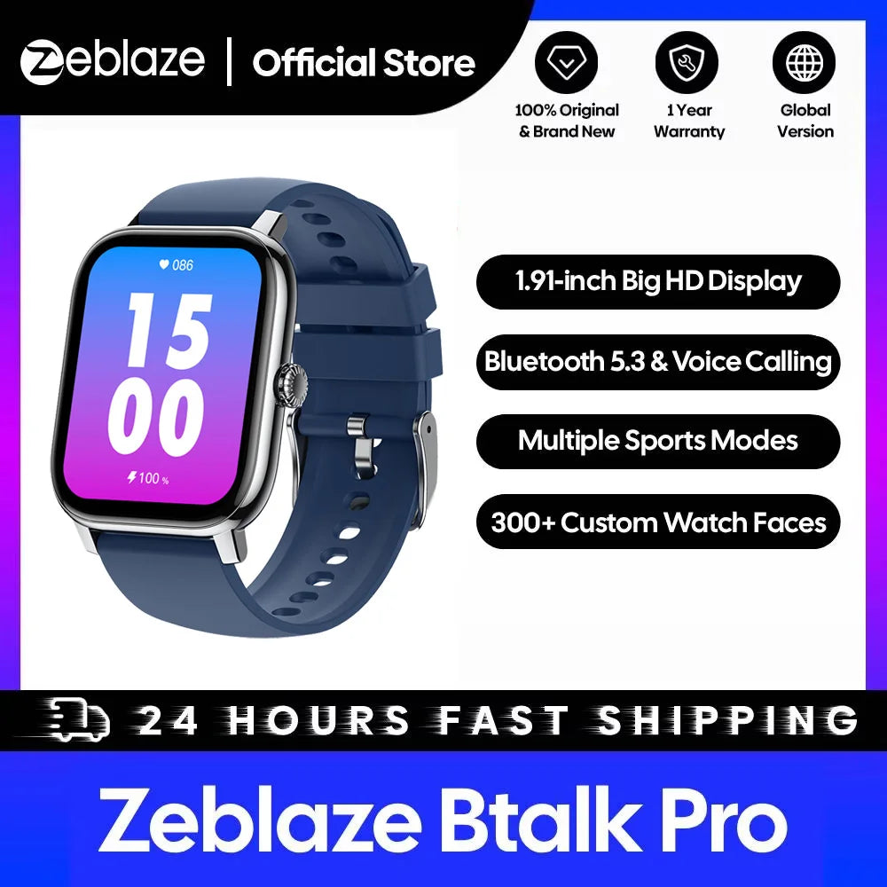 New Zeblaze Btalk Pro Voice Calling Smart Watch 1.91''HD Big Display Screen 300+ Custom Watch Faces Health Tracking Smartwatch