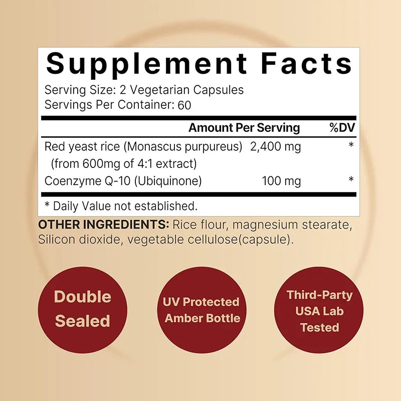 Red Yeast Rice Capsules - Benefits Cardiovascular Blood Circulation, Heart Health and Energy ProductionSupplements