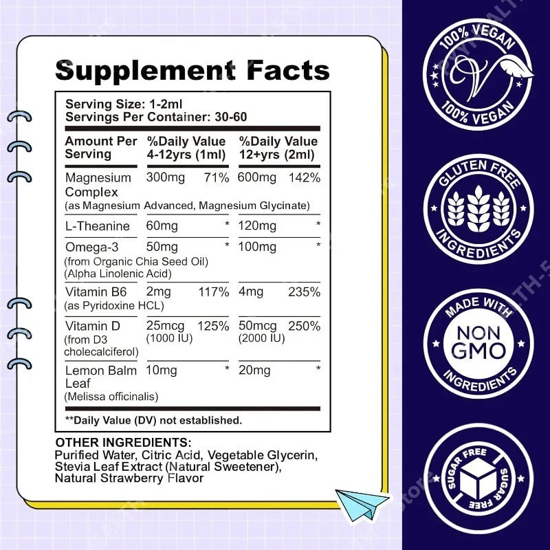 Kids Liquid Drops, Magnesium Glycinate with L-theanine Omega-3 Vitamin B6 D3 for Supports Bone Health and Relaxation 60 Ml