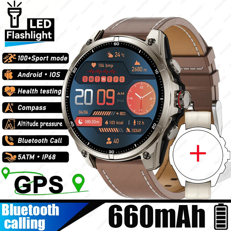New Smart Watch GPS Sports Compass Altitude Air Pressure Blue Tooth Call 3ATM Waterproof Health AMOLED Screen Smartwatch 660 mAh