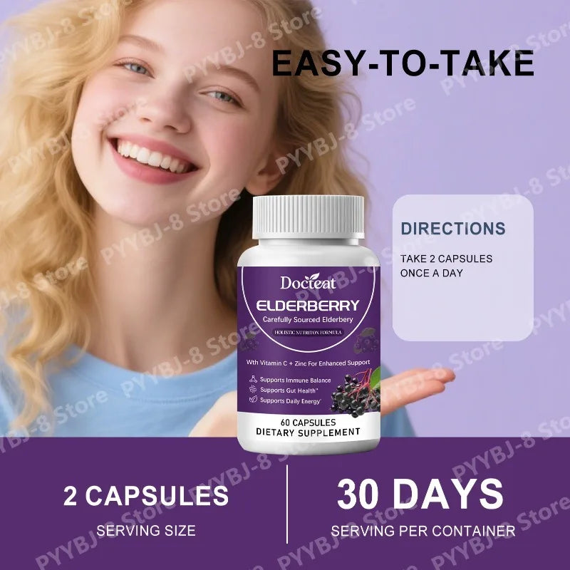 Elderberry Capsule Supplement Contain Elderberry Extract,vitaminC and Zinc Support Intestinal Health & Daily Energy Intake 60pcs