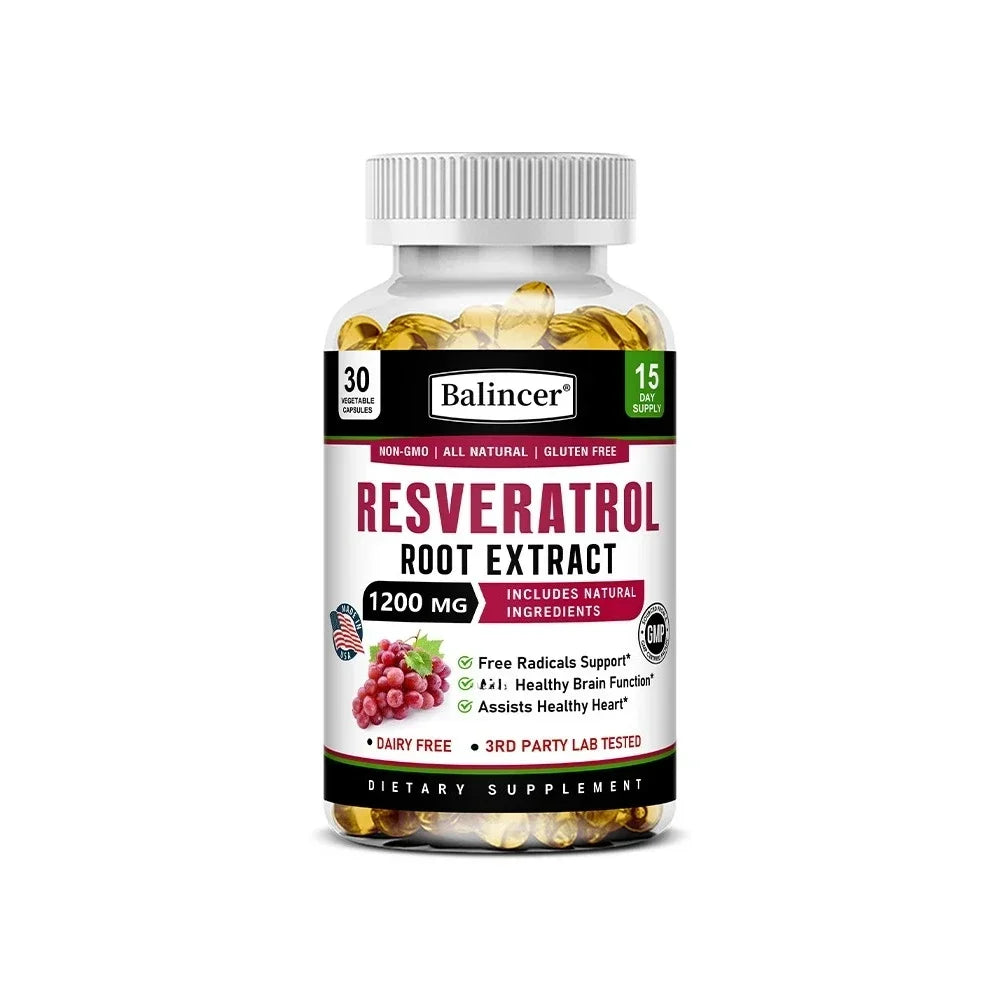 Resveratrol Root Extract Capsules - Antioxidant Anti-Aging, Brain & Heart Health, Skin Brightening & Immune Support, 120 Caps