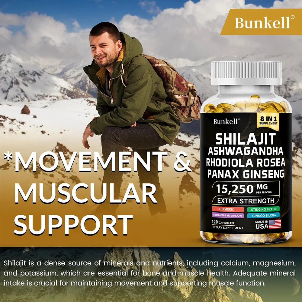 15250mg Shilajit Capsules 8-in-1 with Ashwagandha Ginseng Rhodiola Turmeric - Energy Brain Muscle Joint Health Immune Support