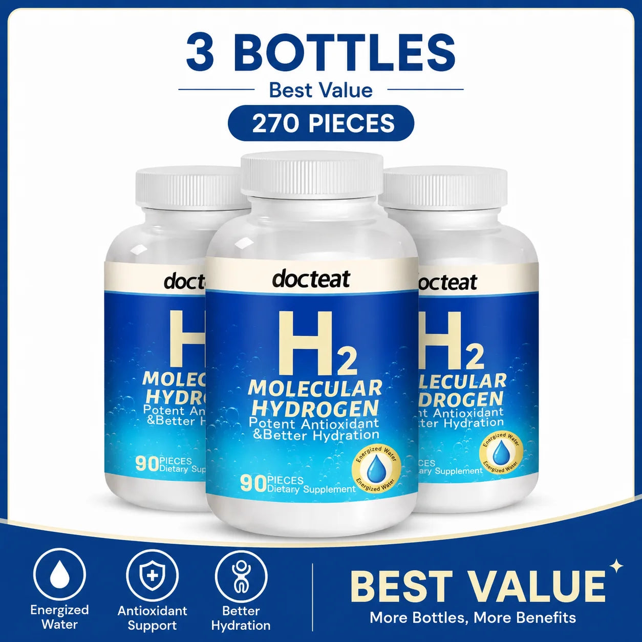 90pcs H2 Molecular Hydrogen Water Tablets with Magnesium 160mg Effervescent Drink Supplement for Travel Gym Home Hydration
