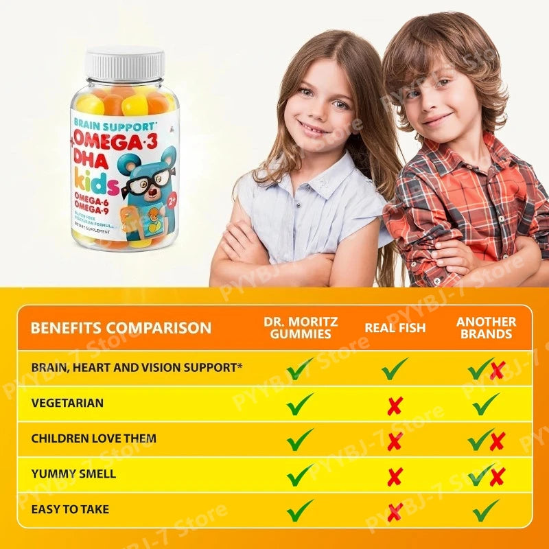 Omega 3 Kids Gummies Vegan for Kids with No Fish Oil Vitamins for Brain Heart Health Gluten Free Daily Health Supplements