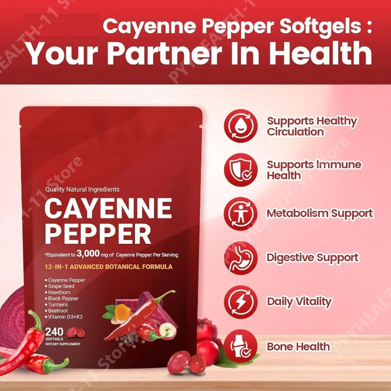 Cayenne Pepper Softgels Supplement with Grape Seed Beetroot Turmeric Vitamins D3 K2 Herbal Supports Leg Vein Blood Vessel Health