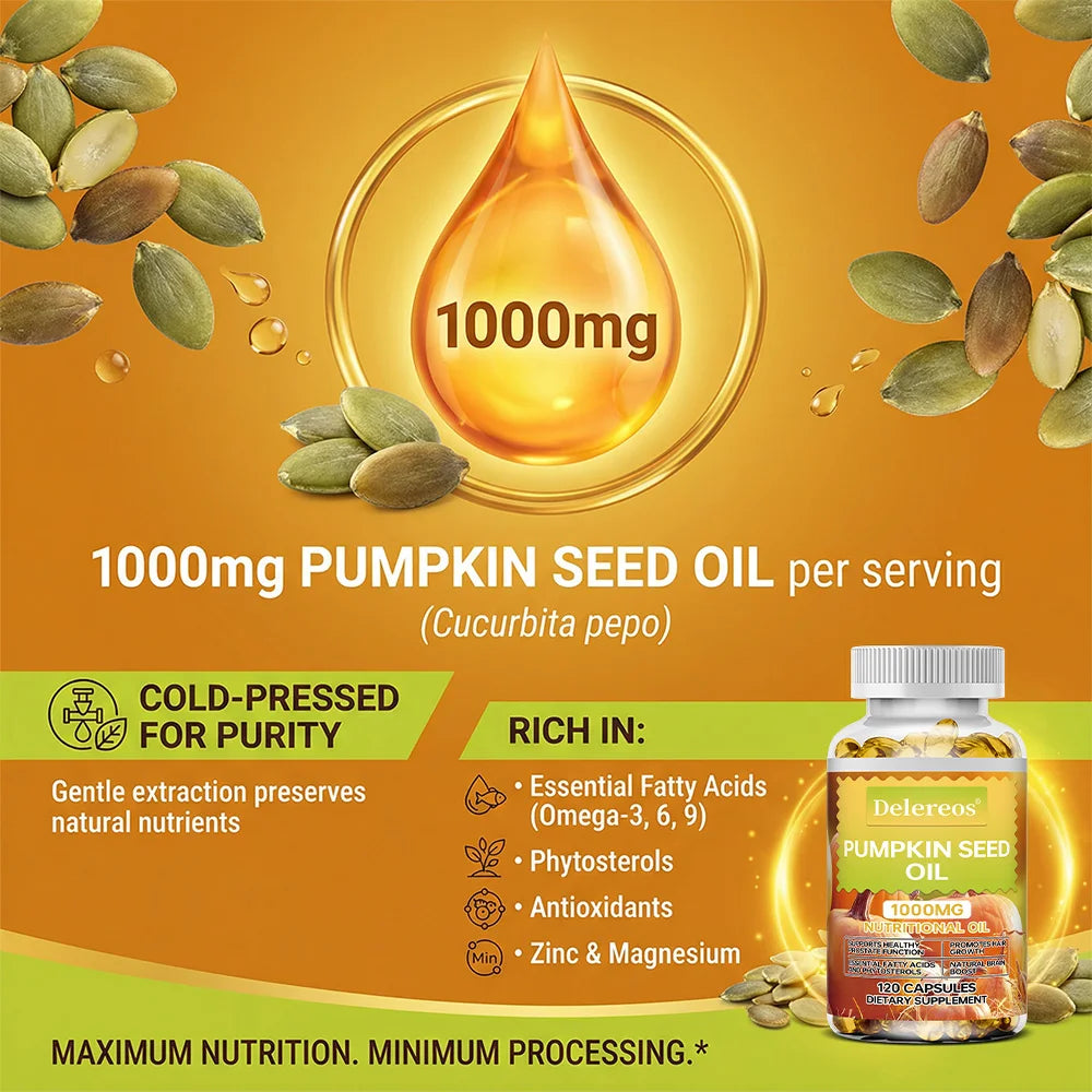 Pumpkin Seed Oil Capsules 1000mg, Supports Prostate, Urinary, Bladder & Hair Health for Men, Cardiovascular Health, Non-GMO