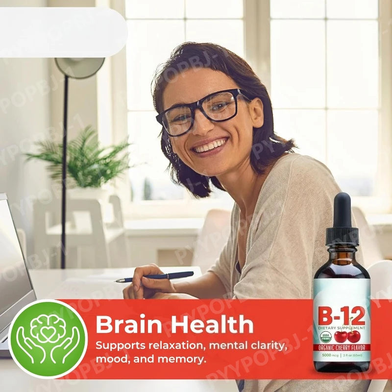Vitamin B12 Liquid 5000mcg Drops Cherry Flavor Methylcobalamin Sublingual Drops Vegan Sugar Free Health Dietary Supplement 60ml