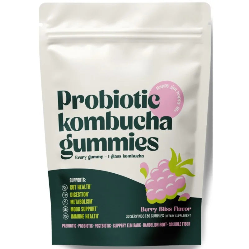 Probiotic Kombucha Gummies Help Digestive Health,Enhance Immunity and Improve Mood — Slippery Elm Bark & Dandelion Root 30 Count