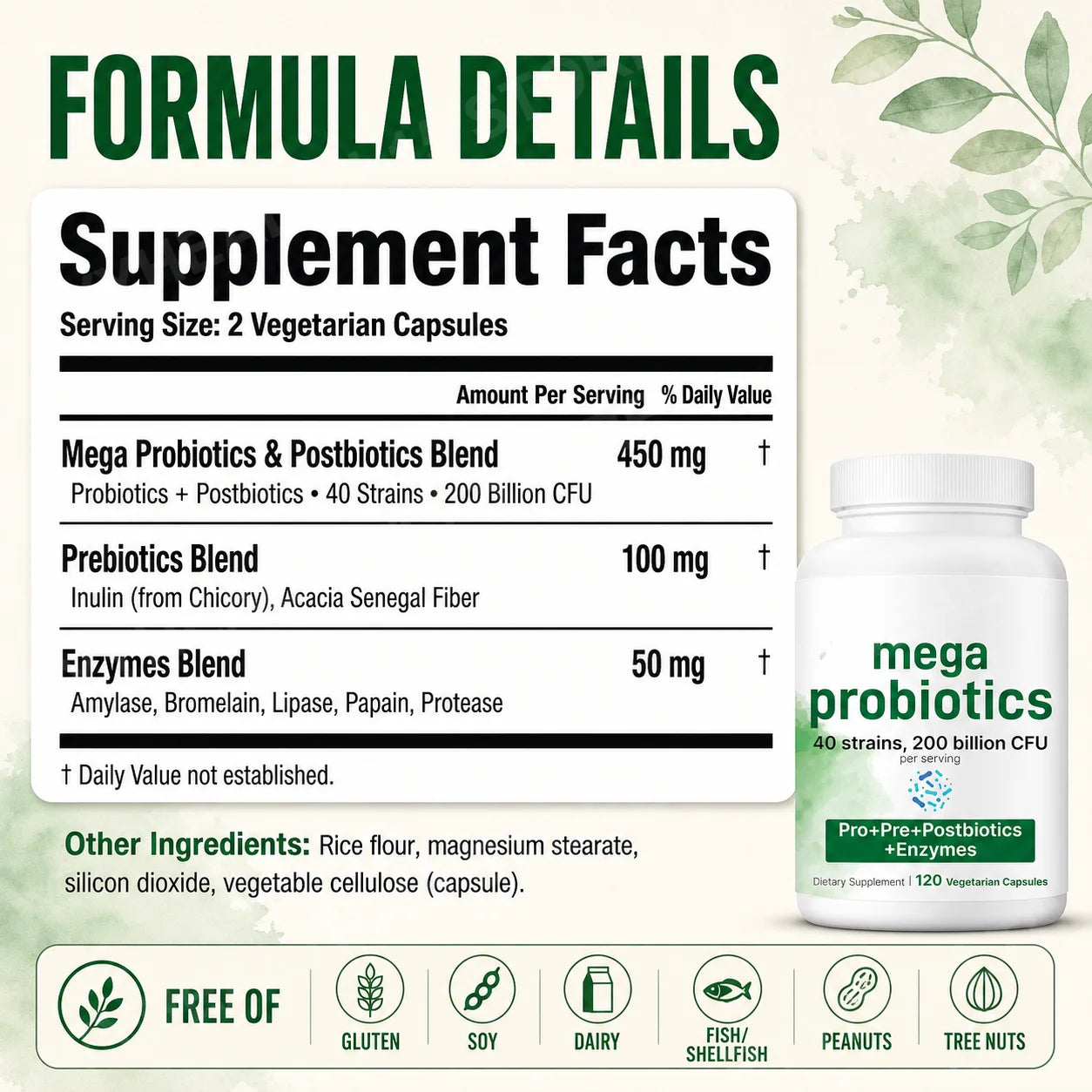 Probiotics Capsules 200 Billion CFU 40 Strains Prebiotics Digestive Enzymes Gut Health Supplement 120 Veg Capsules Men Women