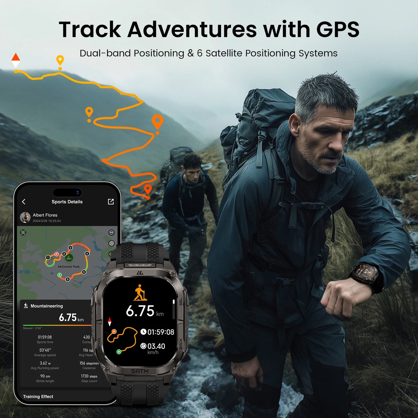 KOSPET TANK M4C Advanced GPS Smartwatch for Men MIL-STD-810H Tough 5ATM Waterproof Integrated Flashlight & Health Tracking